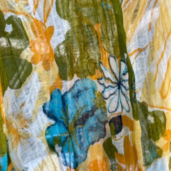 Gorgeous Floral Sheer Lightweight Scarf With Tassels In Yellow Green & Blue - Picture 3 of 7
